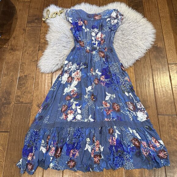 JAASE Maxi Dress Smocked Waist Blue Floral Size Large BOHO Cottage Core Button - Picture 3 of 8